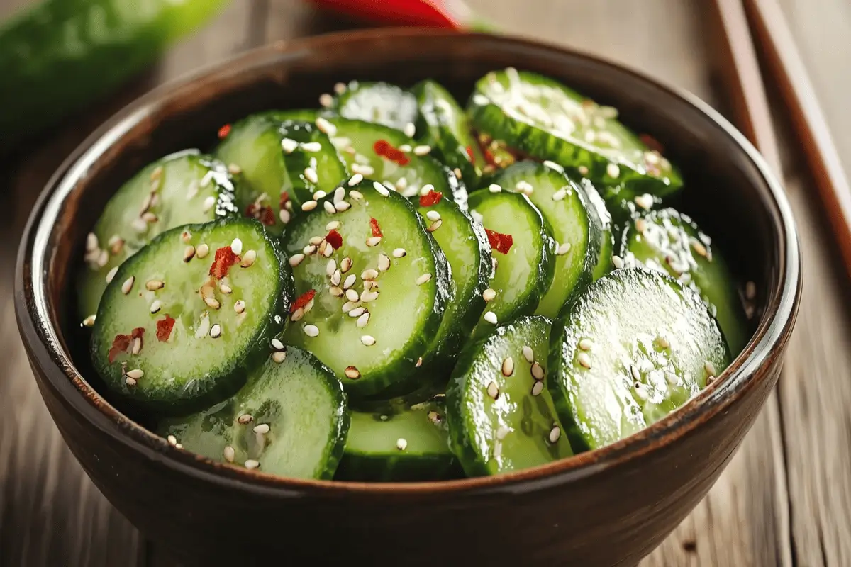 Freshly prepared Logan’s Cucumber Salad in a white bowl.