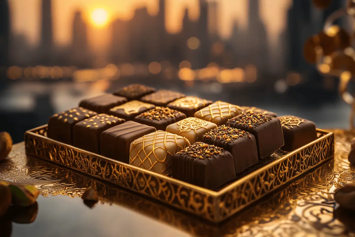 Luxury Dubai chocolate bars with gold accents and city skyline backdrop.