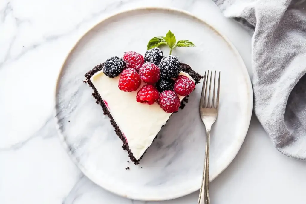 A no-bake cheesecake with a chocolate cookie crust and fresh berries.