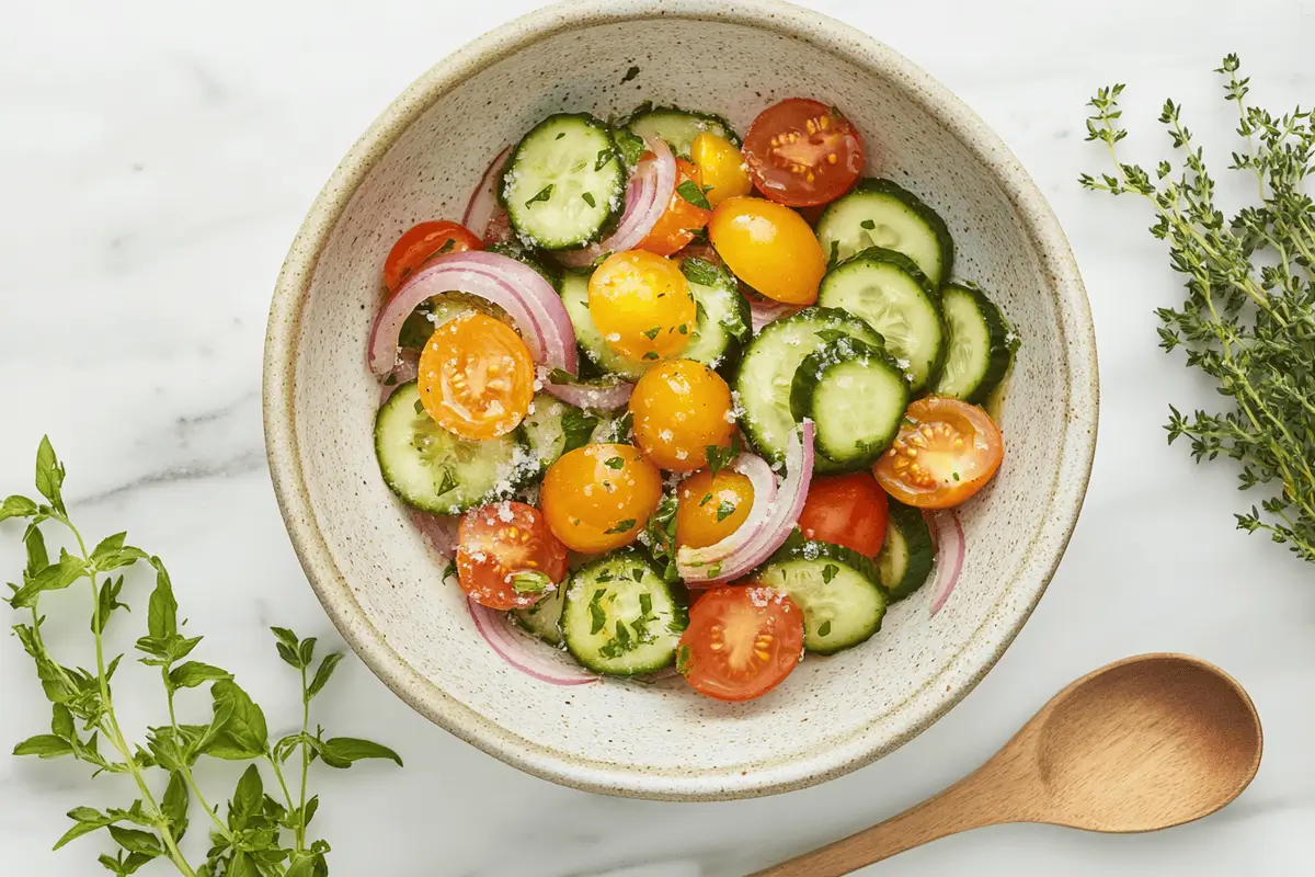 A crisp cucumber salad with tomatoes and red onions.