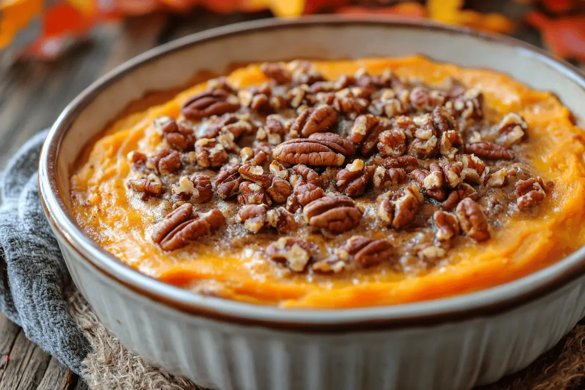 Baked sweet potato casserole with pecan topping.