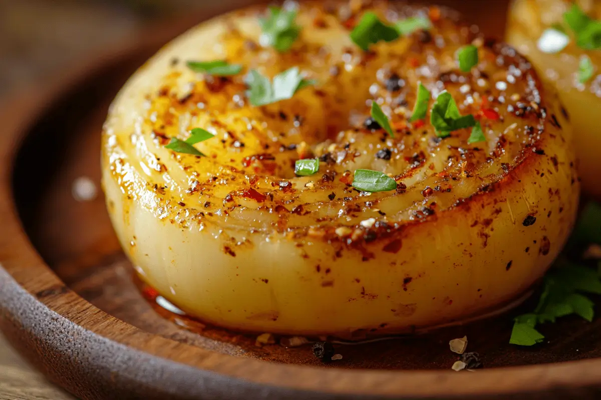 Seasoned onion boil with spices on a rustic plate.