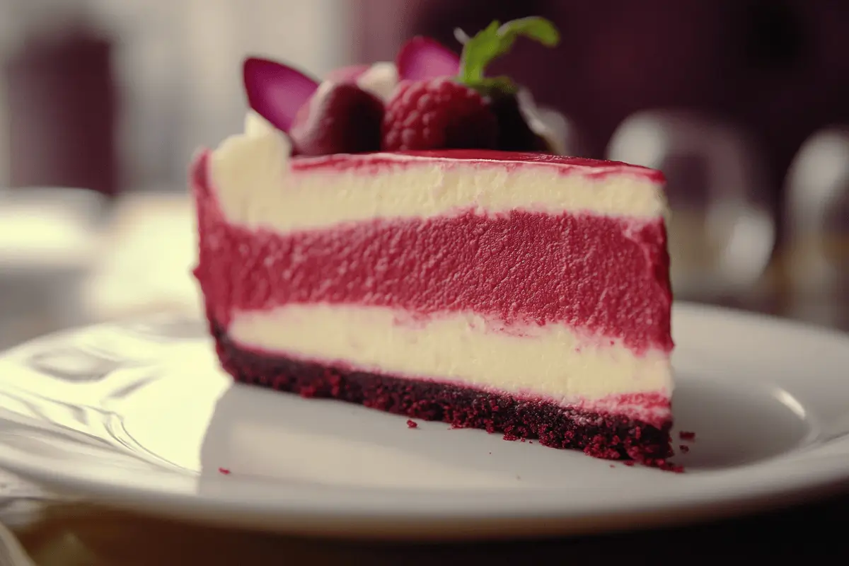 A high-resolution macro shot of a Red Velvet Cheesecake with creamy layers and a dark red crust.