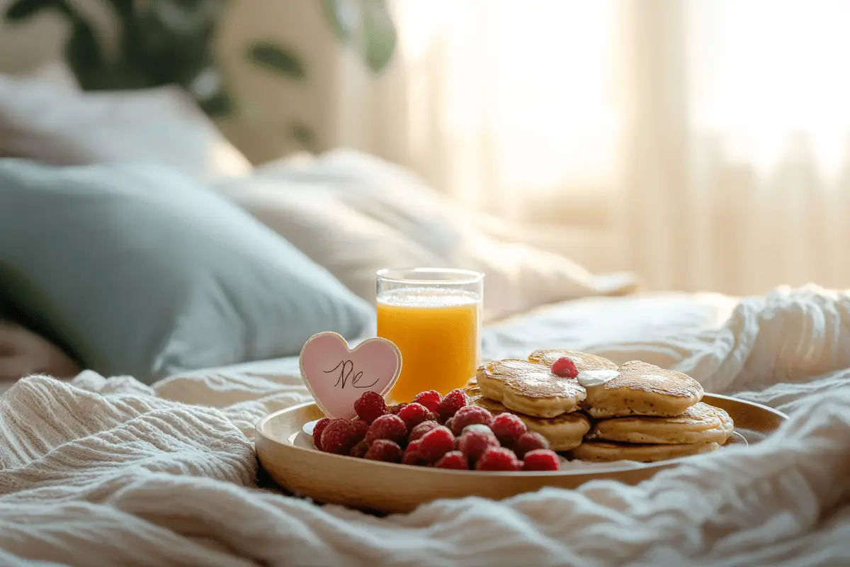 Romantic breakfast surprise in bed with pancakes, fruit, and a love note.