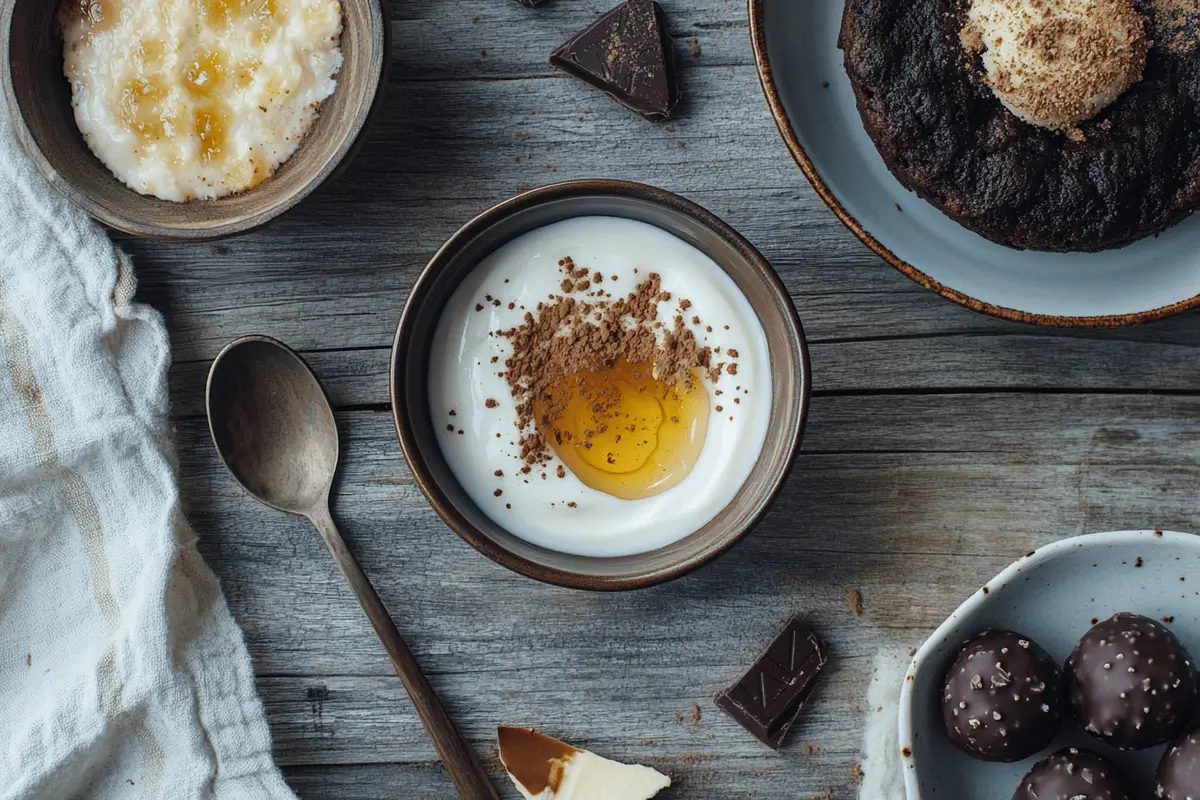 A variety of simple homemade desserts, including a yogurt parfait, mug cake, and chocolate truffles, presented on a wooden table.