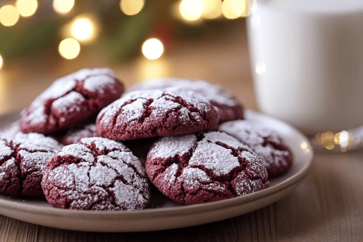 Freshly baked Red Velvet Crinkle Cookies with powdered sugar