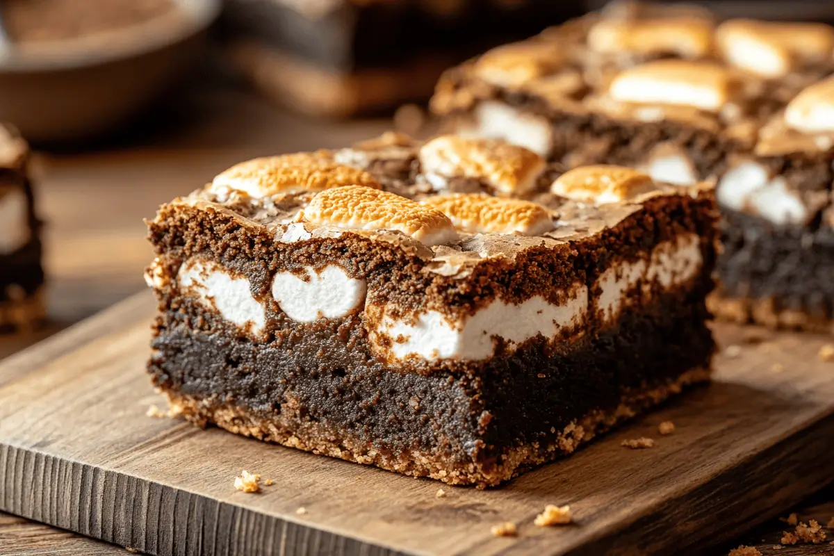 Gooey S’mores Brownies with toasted marshmallow topping