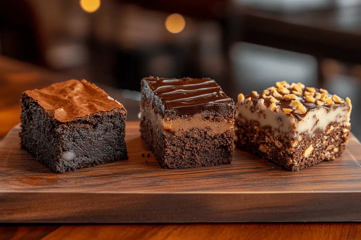 Fudgy, chewy, and cakey brownies side by side on a wooden board.