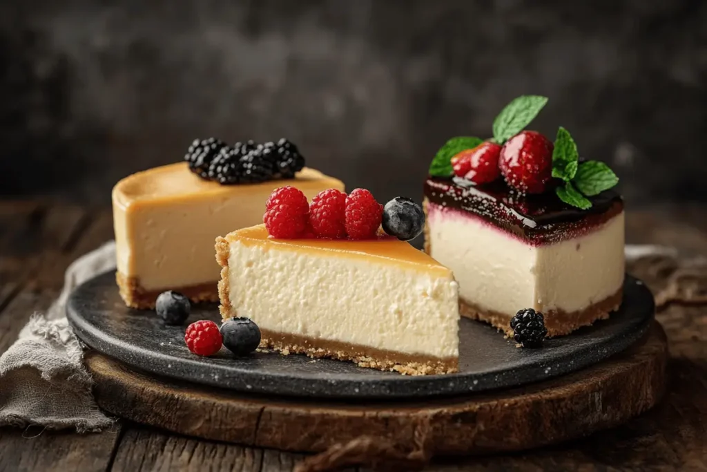 A trio of classic, New York-style, and no-bake cheesecakes. Three Types of Cheesecake