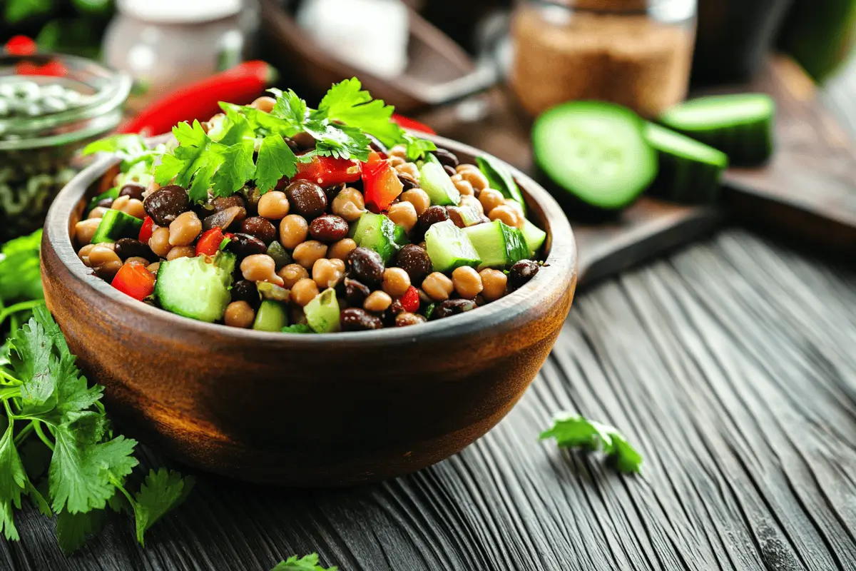 A colorful bowl of dense bean salad with fresh vegetables.