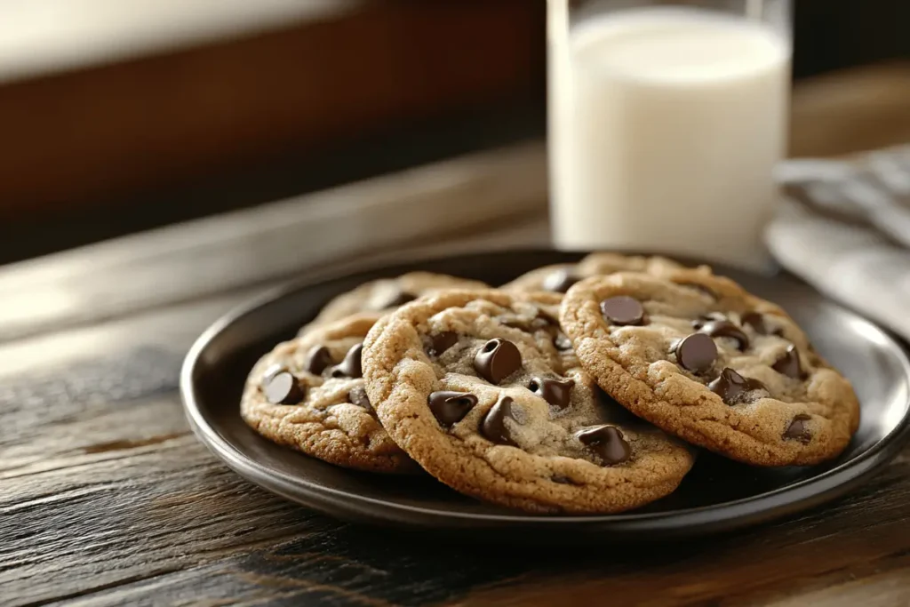 Freshly baked chocolate chip cookies on a wooden table with a glass of milk.